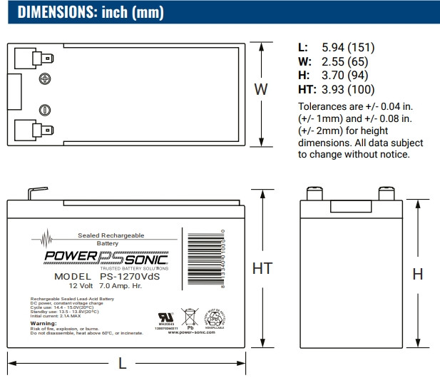 AC NP7 PS, POWER SONIC, Batteries, Energie, Tension Batterie [VDC] : 12, Technologie batterie : Plomb, Capacité de la batterie [Ah] : 7, Garantie : 2 ans, Réf. fabricant : PS-1270VdS, 