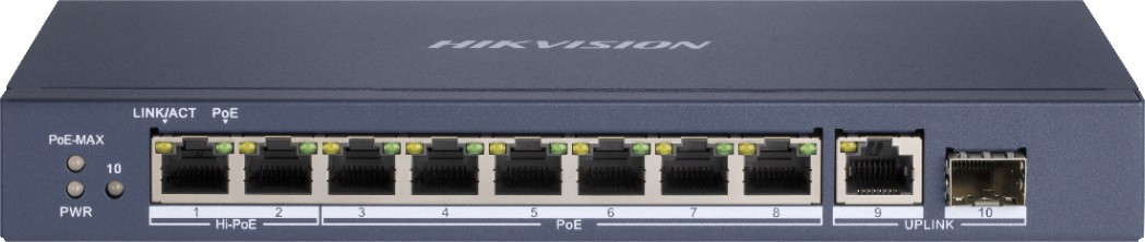 DS-3E0510HP-E, HIKVISION, Switches, Switchs, Réseaux & IT, Vidéosurveillance, Budget POE : 110, Standard de l'interface POE : 2x MegaPoE , Interface réseau : 1x RJ-45  10/100/1000 Mbps Ethernet, 8x RJ-45 10/100/1000 Mbps Ethernet, 1x SFP, Nombre total de ports LAN : 10, Nombre de ports PoE : 8, Garantie : 3 ans, Réf. fabricant : 301801513, 