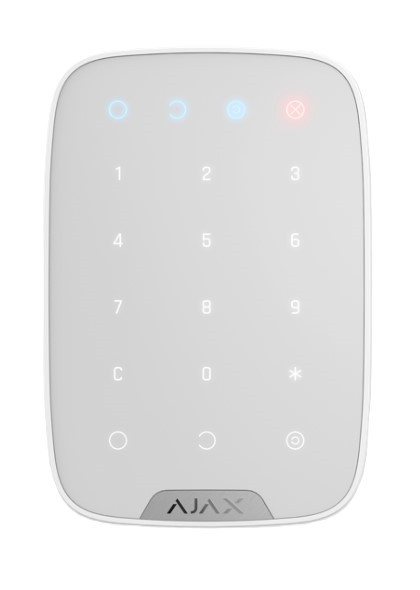 Keypad-W, AJAX, Claviers et lecteurs, Intrusion, Lecteur de proximité intégré : Non, Affichage LED : Automatique, Piles : 4x AAA 1,5V, Type de radio : Bidirectionnelle, Fréquence radio [MHz] : 868, Garantie : 2 ans, Réf. fabricant : 38249.12.WH1, 