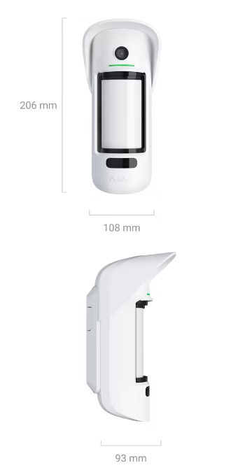 MotionCam Outdoor (PhOD) Jeweller, AJAX, Détecteurs PIR, Intrusion, Technologie PIR : 2x Infrarouge passif, Couverture IR [m] : 15, Compatible avec centrale(s) : Hub 2, Hub 2 plus, Hub Hybrid, Détecteur radio : Oui, Double technologie : Non, Immunité aux animaux : Oui, Anti-masque : Oui, Levée de doute vidéo : Oui, Garantie : 2 ans, Réf. fabricant : 39293.121.WH1, 