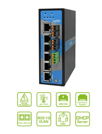 D62-040-30-BT, AETEK, Switches, Réseaux & IT, Budget POE : 72, Switch manageable : Oui, Interface réseau : 4x RJ-45 10/100/1000 Mbps Ethernet, Nombre total de ports LAN : 5, Nombre de ports PoE : 4, Garantie : 2 ans, Réf. fabricant : D62-040-30, 
