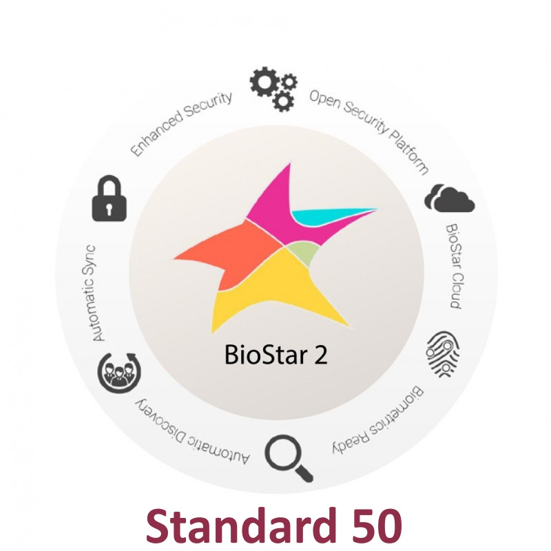 BIOSTAR2 STD 50, SUPREMA, Sofwares & mobile application, Access Control, Version : From 2.6, License type : Standard 50, BioStar Cloud : Yes, BioStar 2 Android/iOs App : Yes, Elevators : No, Mobile Card (Access on Card) max. : 250, Warranty : None, 