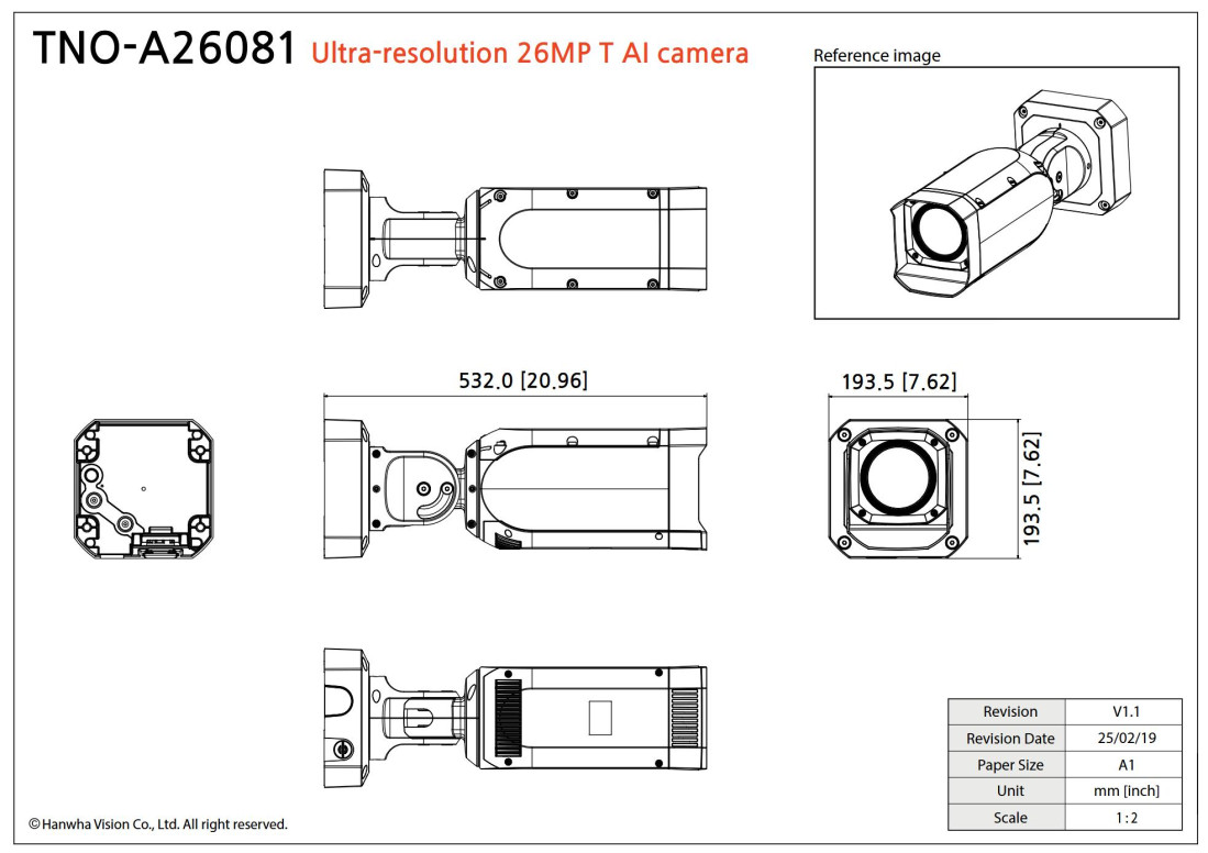 TNO-A26081, HANWHA VISION, Bulletcameras, Videosurveillance, Angle of View min : Horizontal (°) : 5.4, Angle of View max. : Horizontal (°) : 24, Weather Proof IP Rating : 67, Series : Anti-corrosion, Min.Lux color : 0.2, Warranty : 3 Years, NDAA - National Defense Authorization Act : No, Manufacturer ref. : TNO-A26081, 